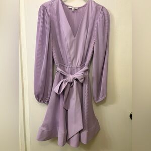 Milly Lilac Pleated Long-Sleeve V-Neck Dress with Waist Tie